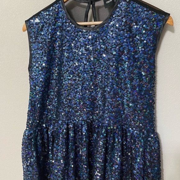 ASOS blue and black sequin mesh back backless cap sleeve dress party event sz 6 - Picture 3 of 12